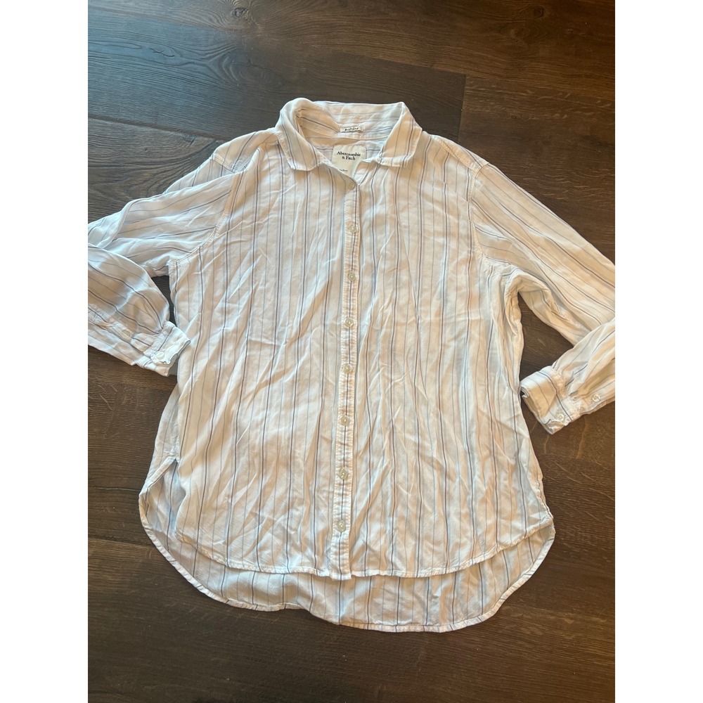 Abercrombie & Fitch Boyfriend Shirt Womens XL White Blue Striped Button Up Top